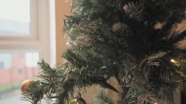 4K-juletreet stenger. Varme toner inne i en leilighet med pynt, granater, lys og pepperkakemann på et grønt og hvitt tre – stockvideo