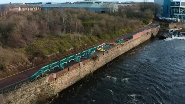 Sheffield, UK - 16th December 2019: Aerial view of the aftermath of the intense flooding of the River Don in sheffield that destroyed flood defences — Stock Video