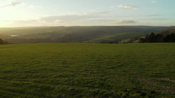 Filmati aerei che volano bassi sopra prati erbosi con campi, terreni agricoli e un lago sullo sfondo durante il tramonto in inverno — Video Stock