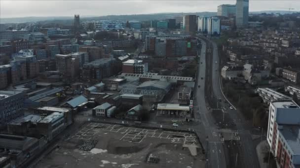 Aerial footage of a gloomy bleak and depressive English City during cold Winter. Sheffield, UK - 2019 — Stock Video