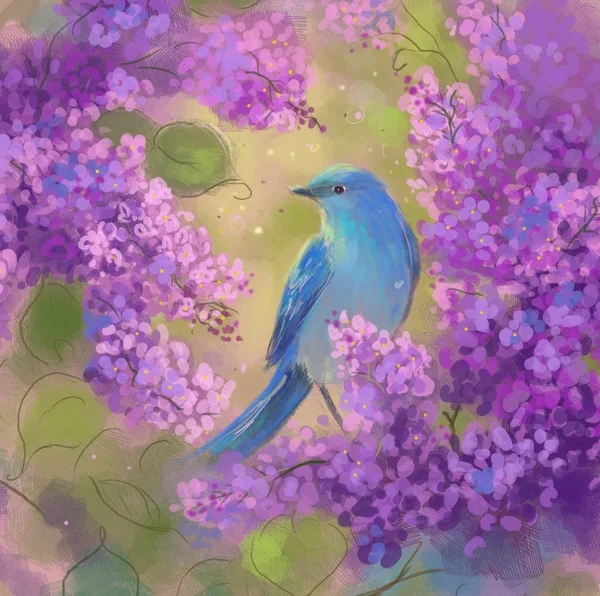 Leylak dalı ve mavi kuşlu vektör bahar arkaplanı. Mavi kuş ve leylak desenli el yapımı tebrik kartı. Spring Vector illüstrasyonu. kartpostal