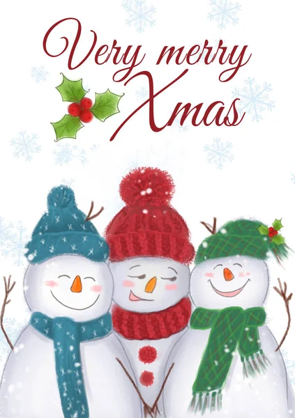 Üç kardan adam vektörü. Komik Noel tebrik kartı. El çizimi illüstrasyon. El çizimi Noel İllüstrasyonu. El çizimi Noel Kartı