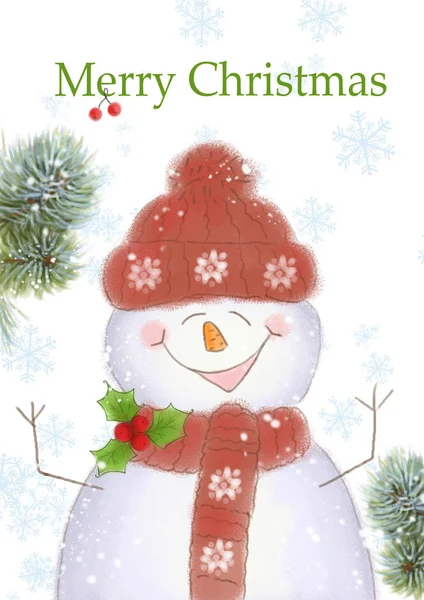 Kardan adam vektörü. Noel tebrik kartı. Kardan adam, kar tanesi ve çam dallı Noel tebrik kartı. Vektör İllüstrasyonu. Noel tebrik kartı. El çizimi illüstrasyon. El çizimi Noel İllüstrasyonu. El çizimi Noel Kartı