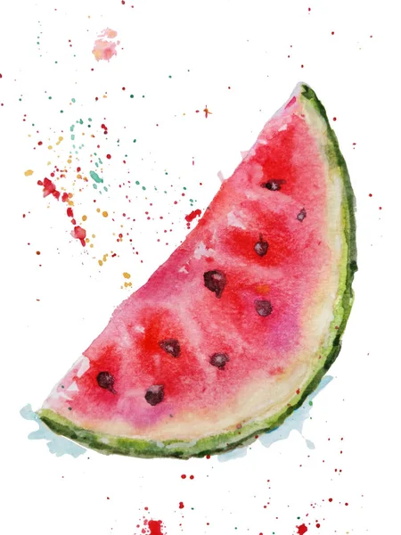 Beyaz arka planda elle çizilmiş karpuz resmi. Su sıçratan meyve karpuzunun vektör çizimi
