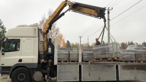 从卡车上卸下铺装板 人们用机械手卸下铺路板 工人们从一台大机器上卸下建筑材料 2019年11月8日 基辅地区 Dmitrovka — 图库视频影像
