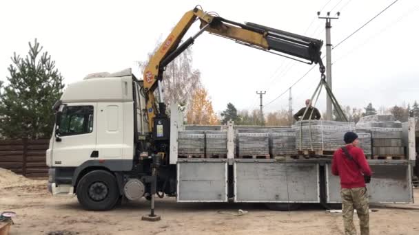 トラックから舗装スラブをアンロードします 男はマニピュレータを使用して舗装スラブをアンロードします 労働者は大きな機械から建材を卸している ドミトロフカ キエフ地域 2019年11月8日 — ストック動画