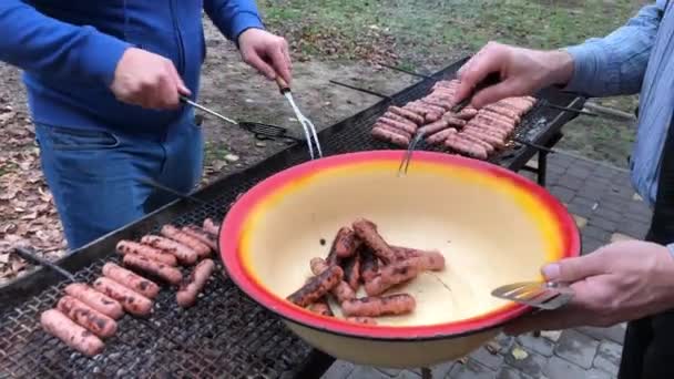 Een Picknick Met Een Gezelschap Bij Het Vuur Koken Vleesworsten — Stockvideo