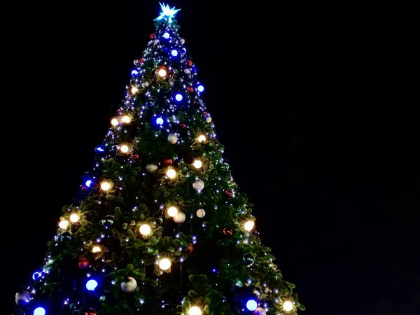 Gran árbol de Navidad decorado sobre un fondo negro. Árbol de Navidad con guirnaldas multicolores en la plaza por la noche . — Foto de Stock