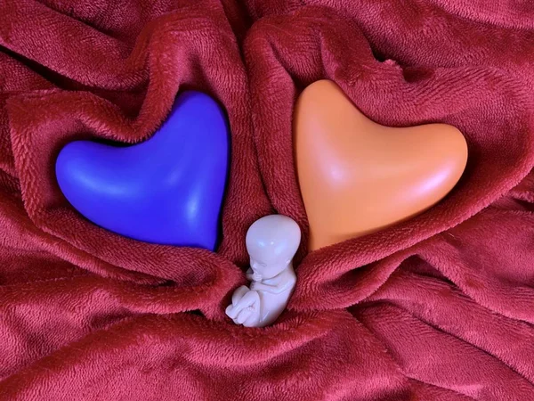 Multi-gekleurde harten op zachte stof. Twee harten op een rode deken. Concept: Valentijnsdag, liefde, vruchten van de liefde — Stockfoto