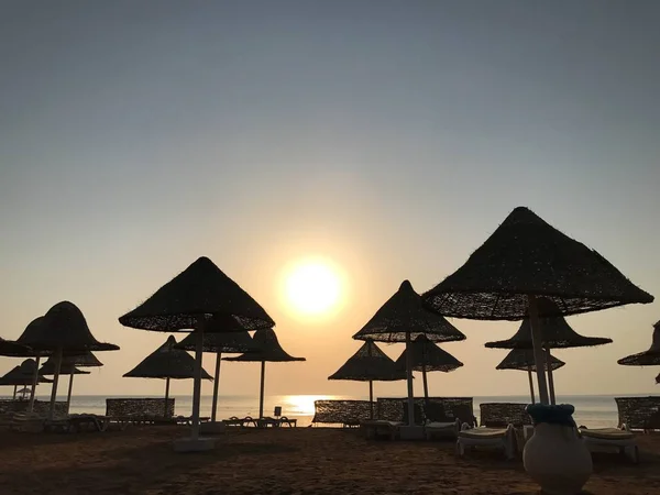 夜明けに砂浜で太陽の傘。太陽の光を背景に午前中は海によって空のビーチ。日当たりの良い傘からの影. — ストック写真