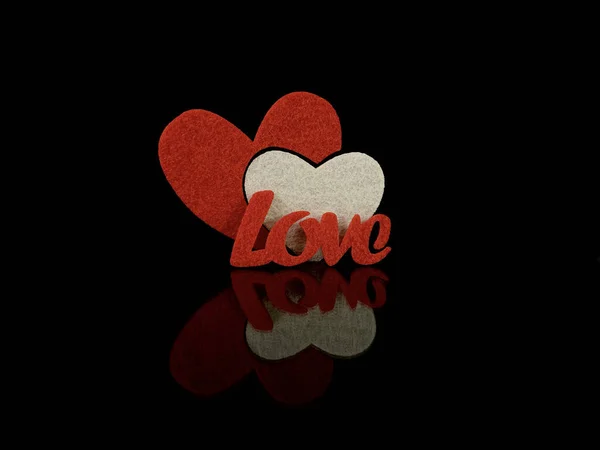 Η επιγραφή "Αγάπη" και μια κόκκινη καρδιά σε μαύρο φόντο. Αντανάκλαση δύο καρδιών από μια γυαλιστερή επιφάνεια. Η έννοια του Αγίου Βαλεντίνου, γάμοι και άλλες διακοπές. — Φωτογραφία Αρχείου