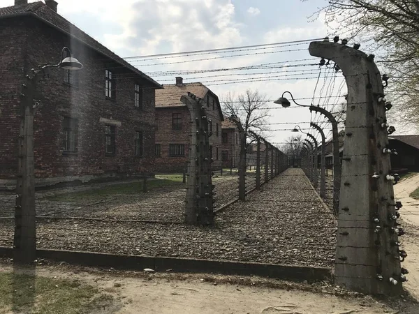 Piikkilankaa keskitysleirin ympärillä. Vankila-aita, huipputurvallinen siirtokunta. Auschwitzin keskitysleiri, Puola — kuvapankkivalokuva