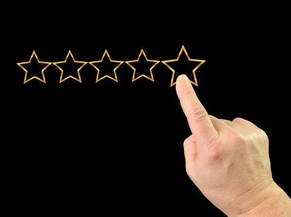 Index finger and five stars. Finger touch on the monitor. A man gives a high score with five stars. Concept: quality mark, level of service