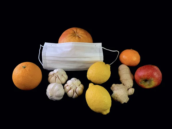 Česnek Zázvor Jablko Citrusové Plody Černém Pozadí Přírodní Vitamíny Stole — Stock fotografie