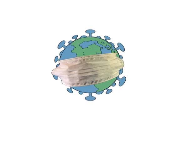以行星形状出现的考罗那韦细菌细胞 在白色背景上的地球图像和结肠炎病毒图像 Covid 全球危机 流行病 大流行病 3D插图 — 图库照片