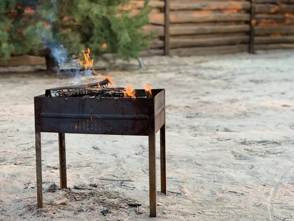 Hot Grill Picnic Yard Metallic Roaster Coal Nature Fire Burns — Stock Photo, Image