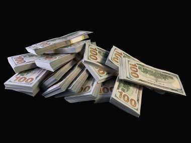 Siyah arka planda bir sürü Amerikan doları var. 10000 dolarlık banknotlarla dolu paketler halinde. Kavram: Milyon, servet, finansal başarı