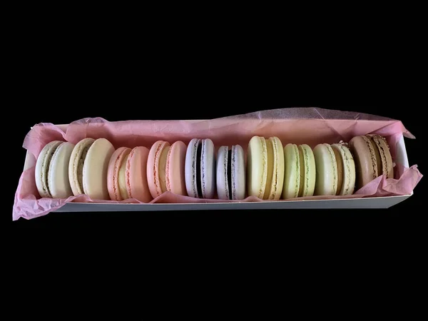 Bunte Schmackhafte Macarons Auf Schwarzem Hintergrund Bunte Französische Macarons Verschiedenen — Stockfoto