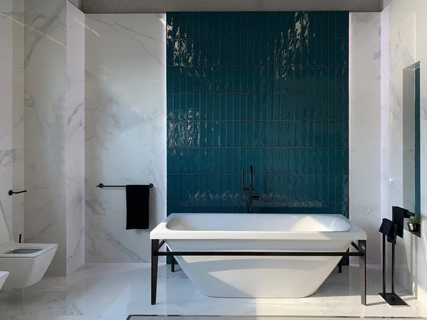 Modern banyo iç tasarımı. Yeni bir evin tasarımında şık bir tesisat. Tesisatçı, Kiev, 30 Nisan 2020.