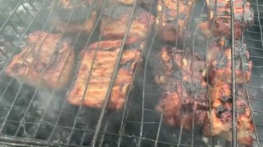 Izgarada et pişiriyorum. Kavurma tavasında yanan kömür, ızgara domuz pirzolası. Doğada piknik, ateşte barbekü. Kızarmış domuz dilimleri..