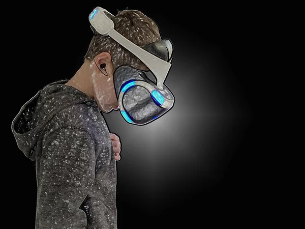 Man Een Helm Voor Virtual Reality Een Zwarte Achtergrond Jongen — Stockfoto