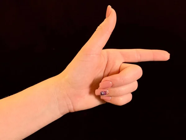 Знак Руки Указательный Палец Указывает Сторону Черном Фоне Жест Одним — стоковое фото