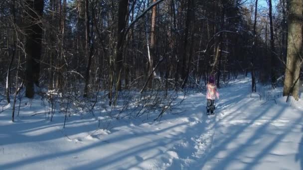 Adolescente menina trenó no parque de inverno, jogar em bolas de neve, câmera lenta, 4K, UHD, UltraHD — Vídeo de Stock