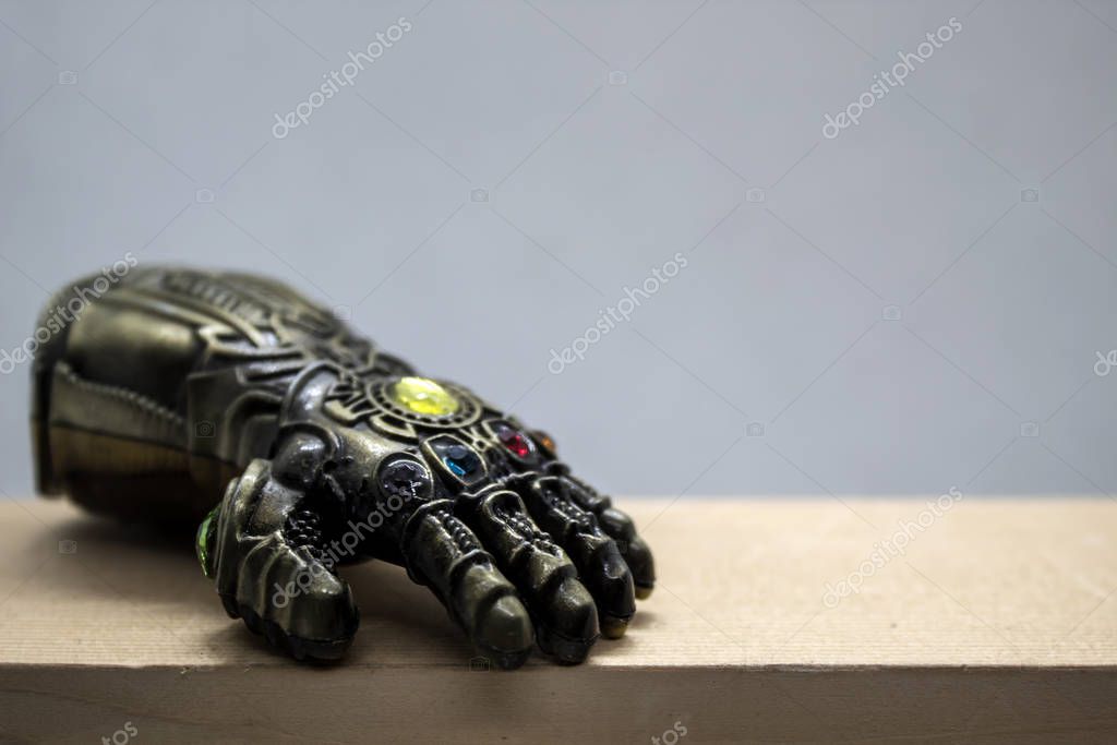 Bangkok, Thailand - January 18, 2020: Infinity Gauntlet - a powerful glove with six Infinity Stones, from Marvel Cinematic Universe & Avengers