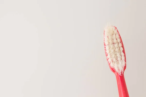 Old Red Toothbrush White Gray Background Close Card Copy Space — Stock Photo, Image