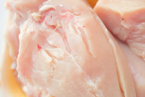 Closeup Raw Chicken Fillet White Marble Table Top View Flat — Stock Photo, Image