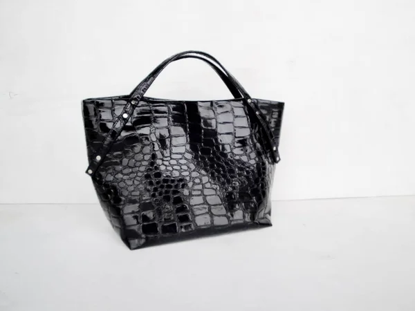 Black Handmade Women Shopper Bag Patent Leather Bag Made Crocodile — Stock Photo, Image