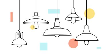 Industrial loft Metal Pendant Light Hanging Lamp Edison Bulb lighting vector icon illustration outline line furniture clipart