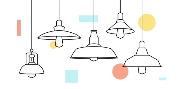 Industrial loft metal pingente luz pendurado lâmpada Edison lâmpada vetor de iluminação ícone ilustração esboço linha móveis — Vetor de Stock