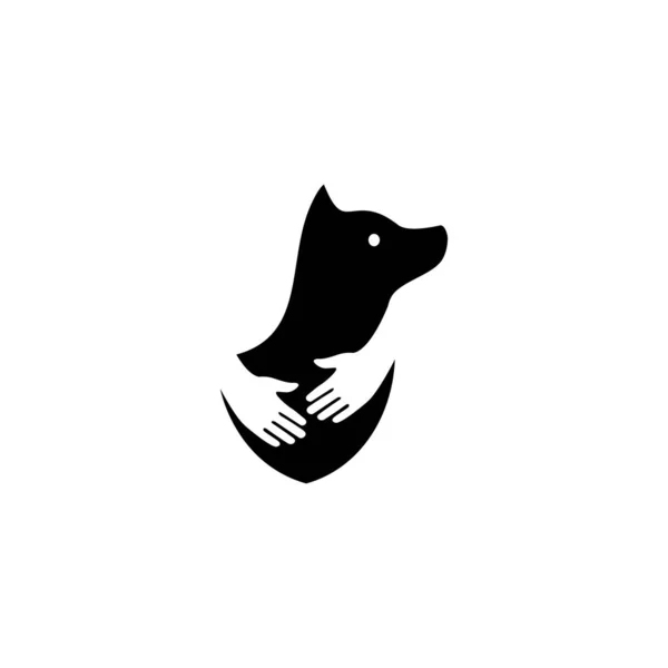 Humano mano abraza perro en negativo espacio logo vector icono ilustración — Vector de stock