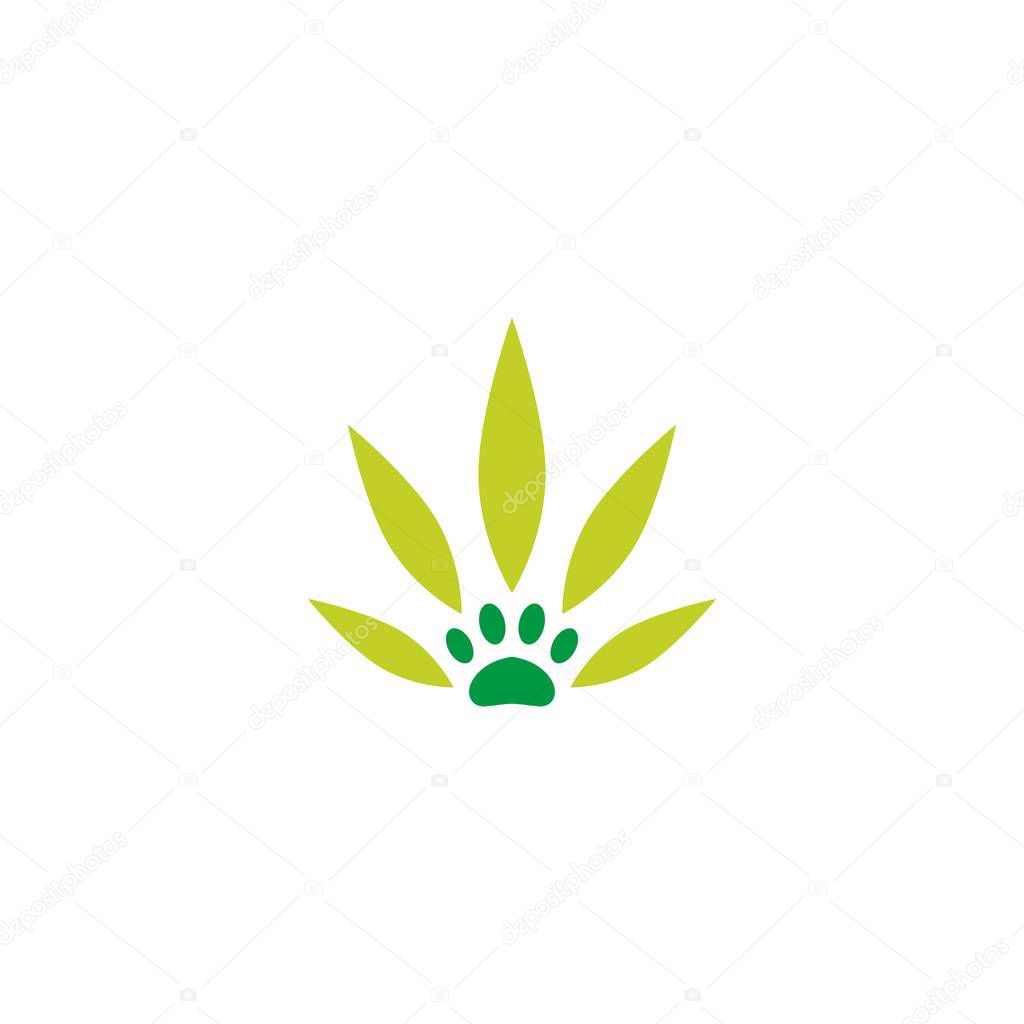 Pet paw cannabis leaf logo vector icon illustration