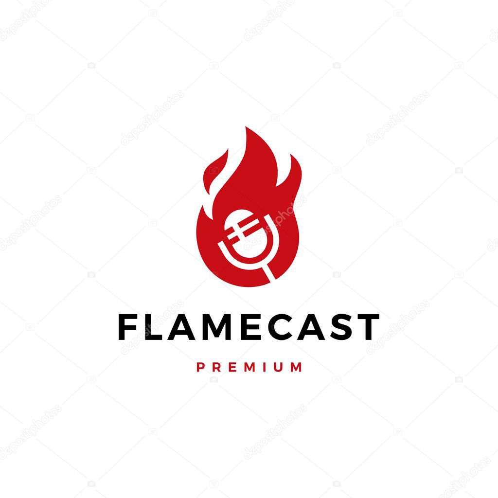 Flame fire podcast mic logo vector icon illustration