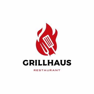 Izgara alevli çatal spatula logo vektör ikonu illüstrasyonu