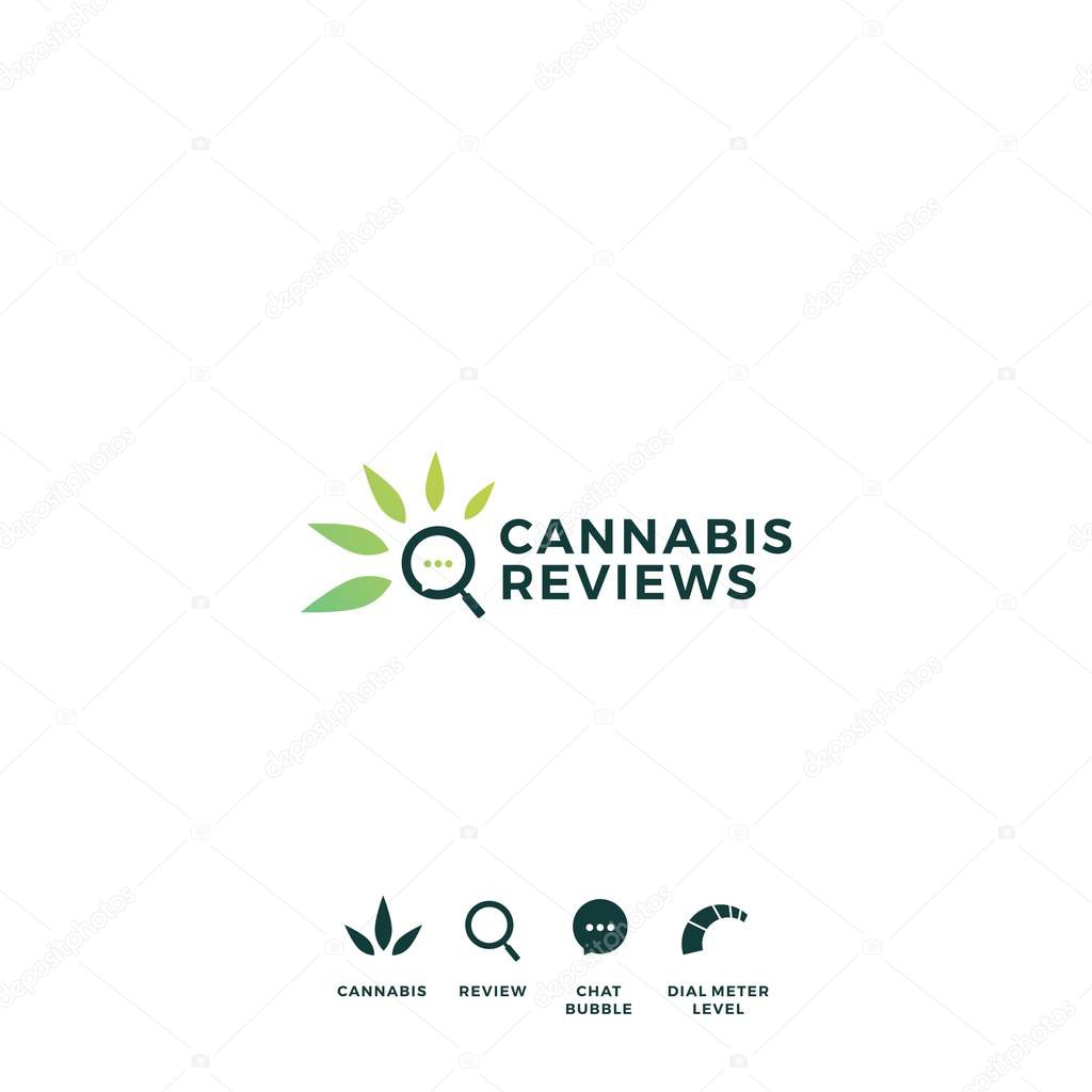 Cannabis review magnifying glass talk bubble logo vector icon illustration