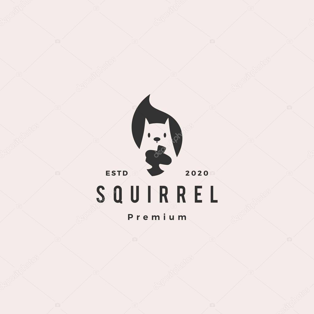 Squirrel logo hipster vintage retro vector icon is holding nuts illustration in negative space