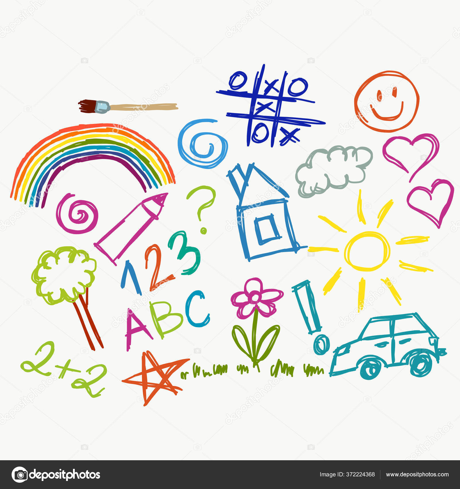 Vector kindergarten kids drawing background. Collection of cute ...