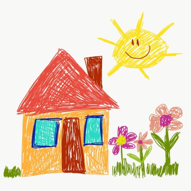 Vektör anaokulu geçmişi. Ev, aile, boya kalemleri. Mutlu çocukluk, hayal gücü, yaratıcılık.