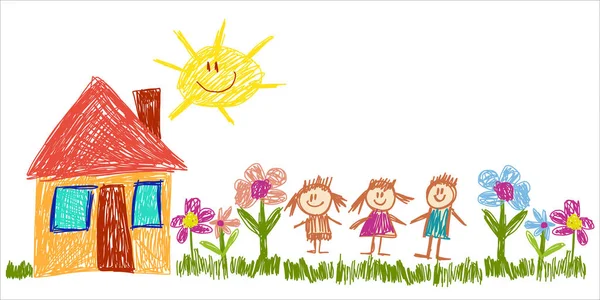 Векторный детский сад детей рисования фона. Дом, семья, карандашный рисунок. Маленькие дети на солнечном летних лугах с травой. Мама, папа. Счастливого детства, воображения, творчества . — стоковый вектор