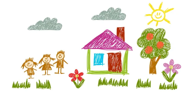 Antecedentes del jardín de infantes vectorial. Casa, familia, ilustración de crayones. Niños pequeños en el soleado prado de verano con hierba. Madre, padre, hermana, hermano. Feliz infancia, imaginación, creatividad . — Vector de stock