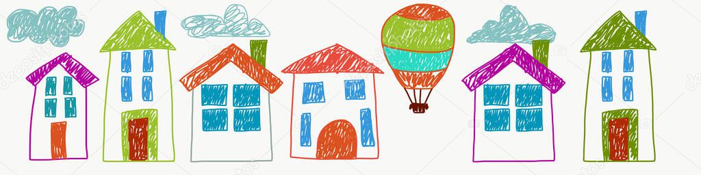 Vektor TK anak-anak menggambar latar belakang. Rumah, keluarga, ilustrasi krayon. Happy childhood, imaginasi, kreativitas. Grafik Vektor