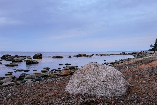 작은 바위들 이 바닷가에 있습니다. 구름낀 날에는 거친 바위가 많은 해변이었습니다. Fa — 스톡 사진
