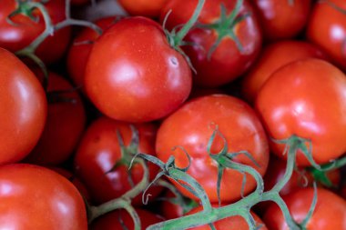 Sebze pazarındaki kutuda taze taze kırmızı domatesler var..