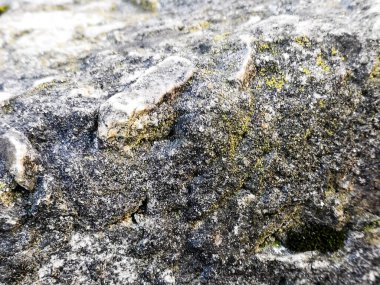 Eski taş yüzeyde yosun var. Doğal taş yüzey dokusu arkaplanı.