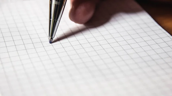 Man Writes Open Notebook Cage Automatic Plastic Ballpoint Pen Close — Stock Photo, Image