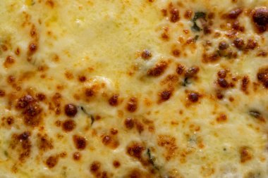 Domatesli ev yapımı vejetaryen pizza ve yüzeyde mozzarella peyniri..