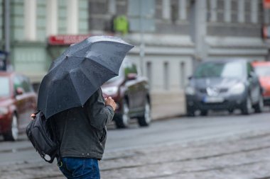 Bir adam yol boyunca şemsiye altında yürür ve tramvay raylarında.